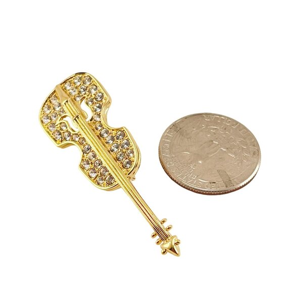 Violin Brooch Pin Gold Plated Clear Rhinestone, Gift for Musician - Picture 7 of 7